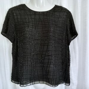 Jones New York Black Beaded Short Sleeve Blouse